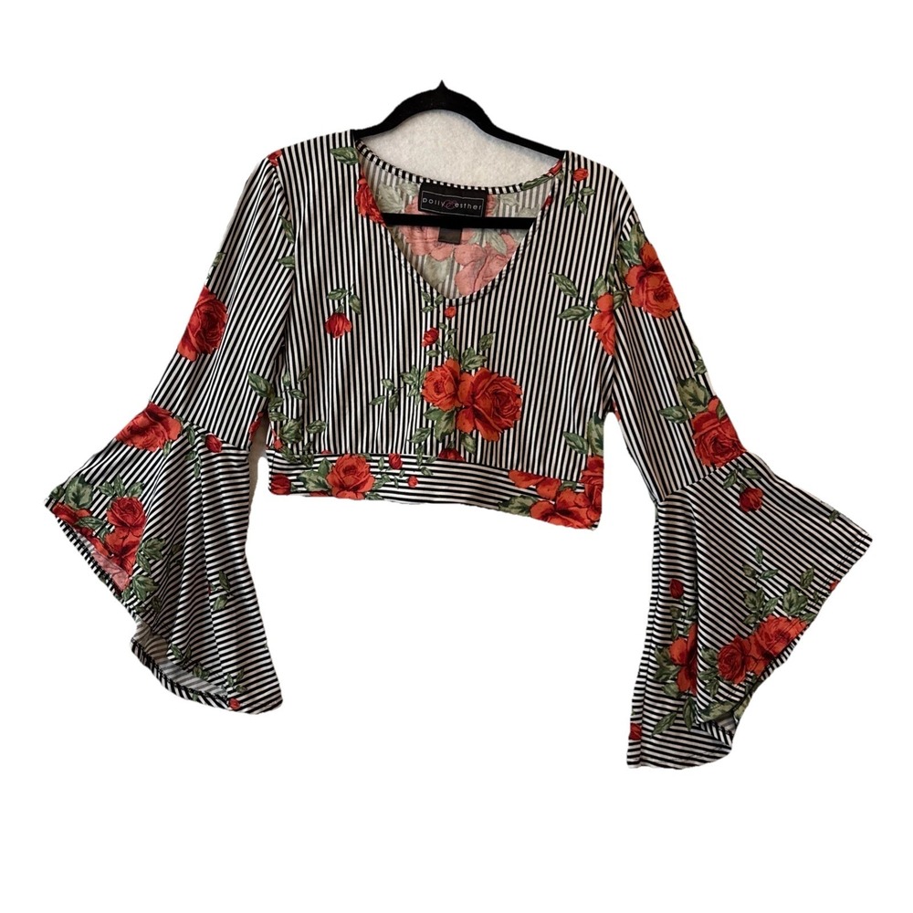 Polly & Esther Floral Striped‎ Cropped Tie Back Bell Sleeve Top M Boho Festival